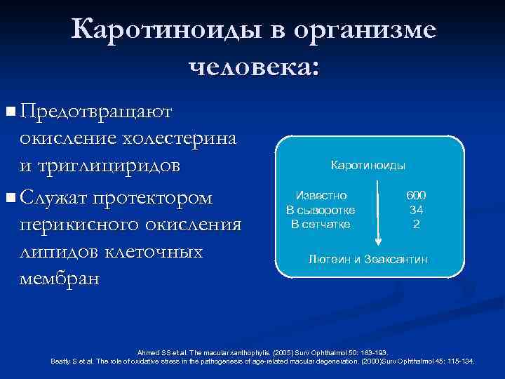 Каротиноиды в организме человека: n Предотвращают окисление холестерина и триглициридов n Служат протектором перикисного