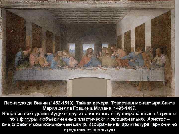 Леонардо да Винчи (1452 -1519). Тайная вечеря. Трапезная монастыря Санта Мария делла Грацие в