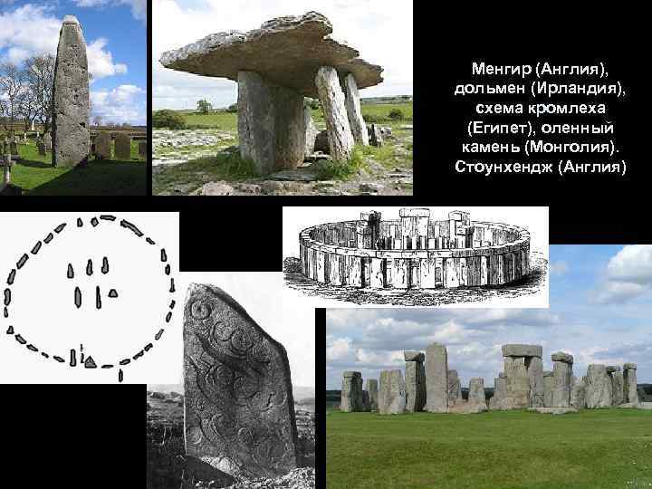 Менгир (Англия), дольмен (Ирландия), схема кромлеха (Египет), оленный камень (Монголия). Стоунхендж (Англия) 