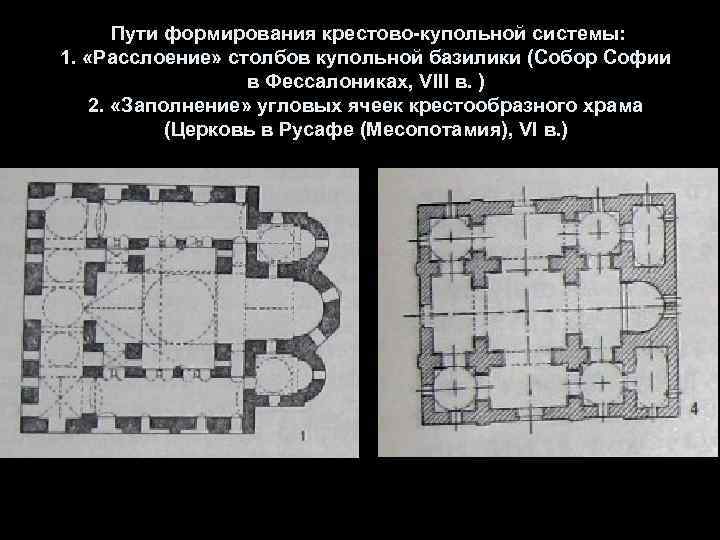 Пути формирования крестово-купольной системы: 1. «Расслоение» столбов купольной базилики (Собор Софии в Фессалониках,