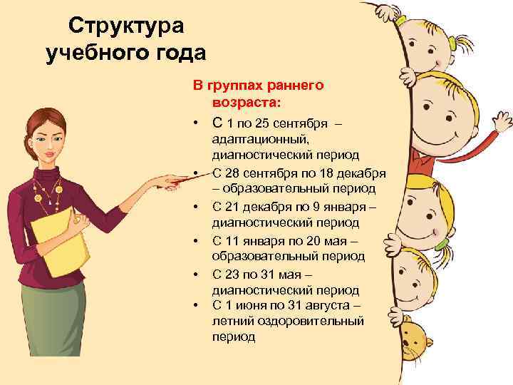 Структура учебного года В группах раннего возраста: • С 1 по 25 сентября –