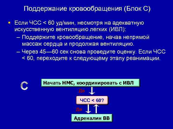 Поддержание кровообращения (Блок C) § Если ЧСС < 60 уд/мин, несмотря на адекватную искусственную