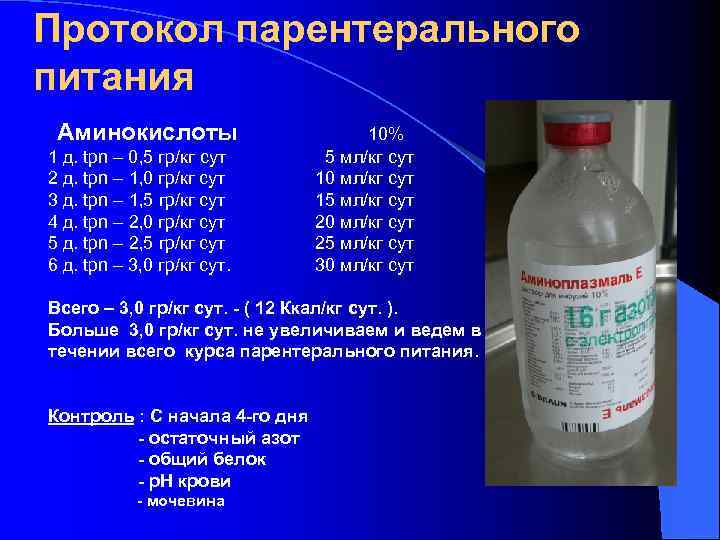 Протокол парентерального питания Аминокислоты 10% 1 д. tpn – 0, 5 гр/кг сут 5