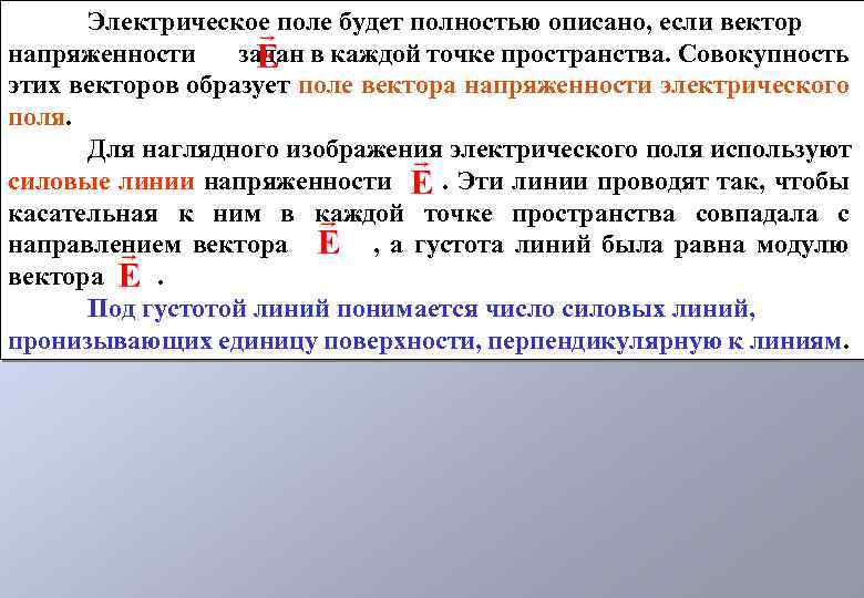 Электрическое поле будет полностью описано, если вектор напряженности задан в каждой точке пространства. Совокупность