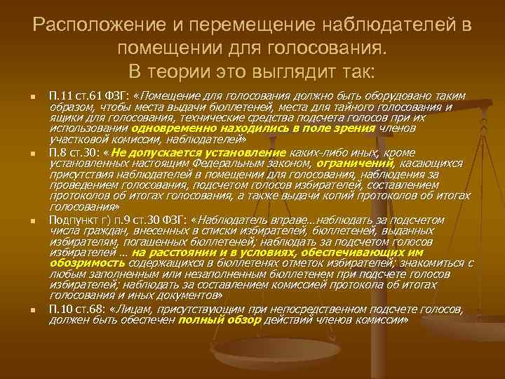 Расположение и перемещение наблюдателей в помещении для голосования. В теории это выглядит так: n