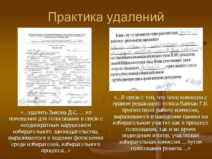 Практика удалений «…удалить Зыкова Д. С. … из помещения для голосования в связи с