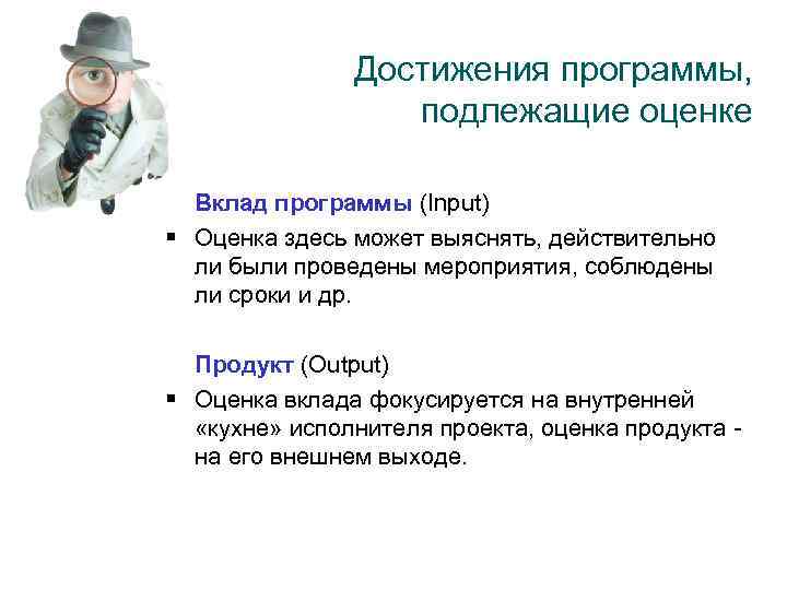 Достижения программы, подлежащие оценке Вклад программы (Input) § Оценка здесь может выяснять, действительно ли