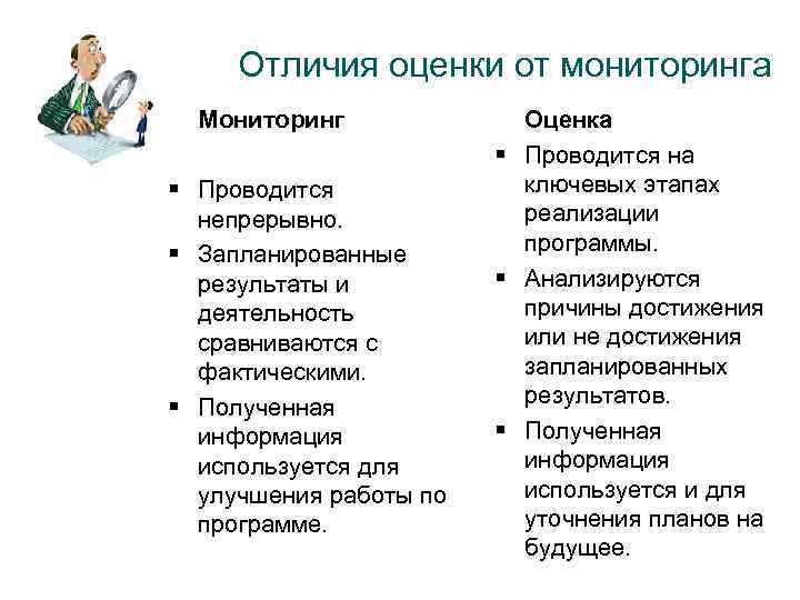 Отличия оценки от мониторинга Мониторинг § Проводится непрерывно. § Запланированные результаты и деятельность сравниваются