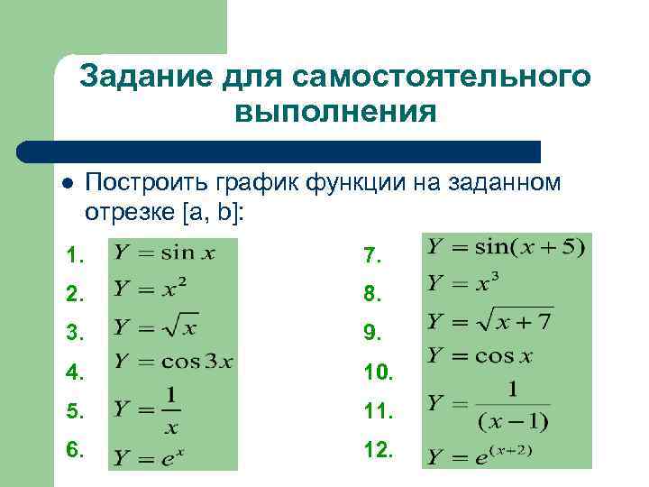 Задание для самостоятельного выполнения l Построить график функции на заданном отрезке [a, b]: 1.