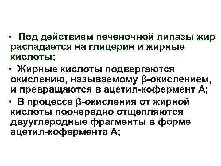  • Под действием печеночной липазы жир распадается на глицерин и жирные кислоты; •