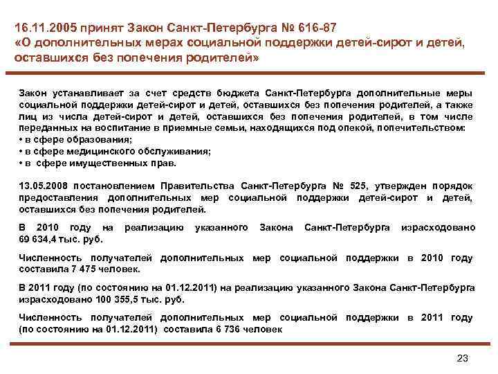 16. 11. 2005 принят Закон Санкт-Петербурга № 616 -87 «О дополнительных мерах социальной поддержки