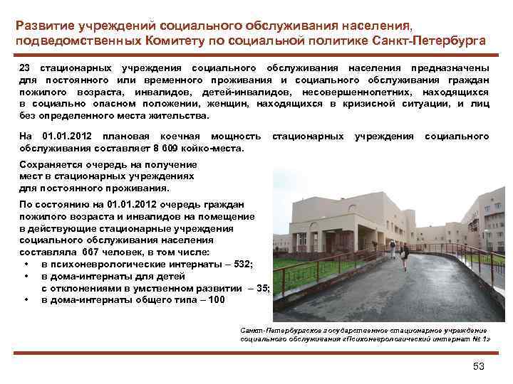 Развитие учреждений социального обслуживания населения, подведомственных Комитету по социальной политике Санкт-Петербурга 23 стационарных учреждения