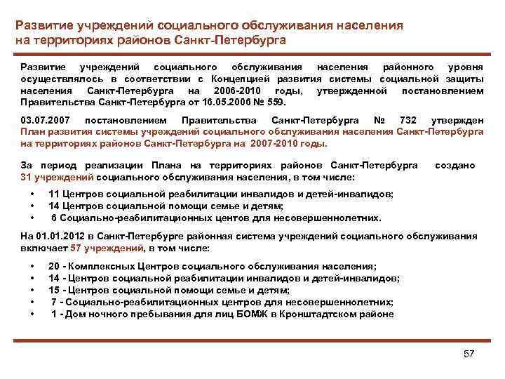 Развитие учреждений социального обслуживания населения на территориях районов Санкт-Петербурга Развитие учреждений социального обслуживания населения