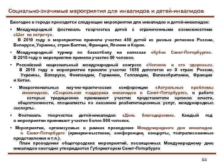 Социально-значимые мероприятия для инвалидов и детей-инвалидов Ежегодно в городе проводятся следующие мероприятия для инвалидов