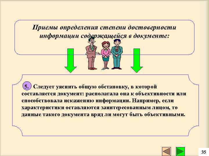 Приемы определения степени достоверности информации содержащейся в документе: 5. Следует уяснить общую обстановку, в