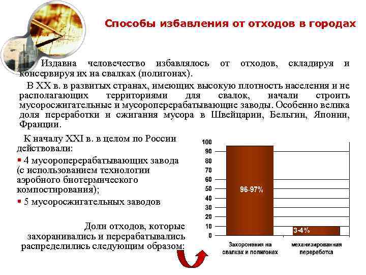 Способы избавления от отходов в городах Издавна человечество избавлялось от отходов, складируя и консервируя
