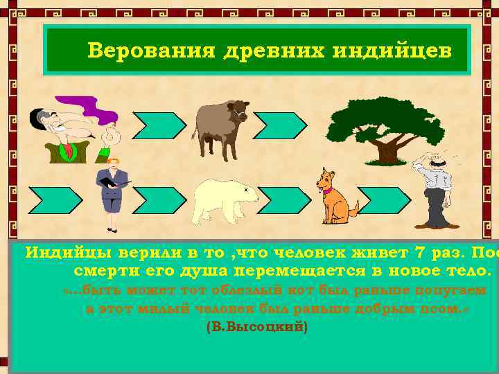 Верования древних индийцев Индийцы верили в то , что человек живет 7 раз. Пос