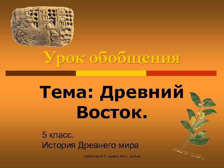 Урок обобщения Тема: Древний Восток. 5 класс. История Древнего мира Кобелева О. Л. школа