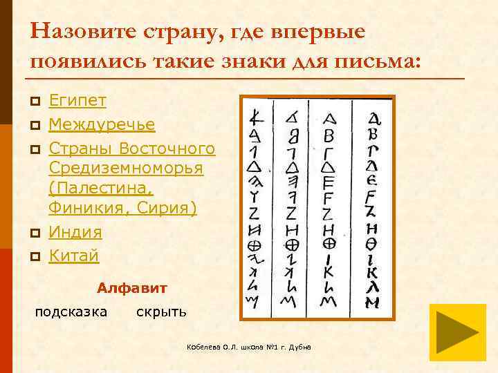 Назовите страну, где впервые появились такие знаки для письма: p p p Египет Междуречье
