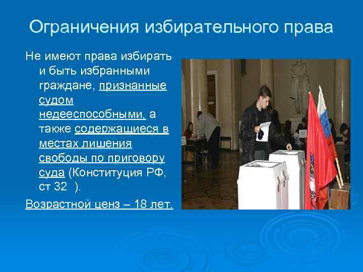 Ограничения избирательного права Не имеют права избирать и быть избранными граждане, признанные судом недееспособными,