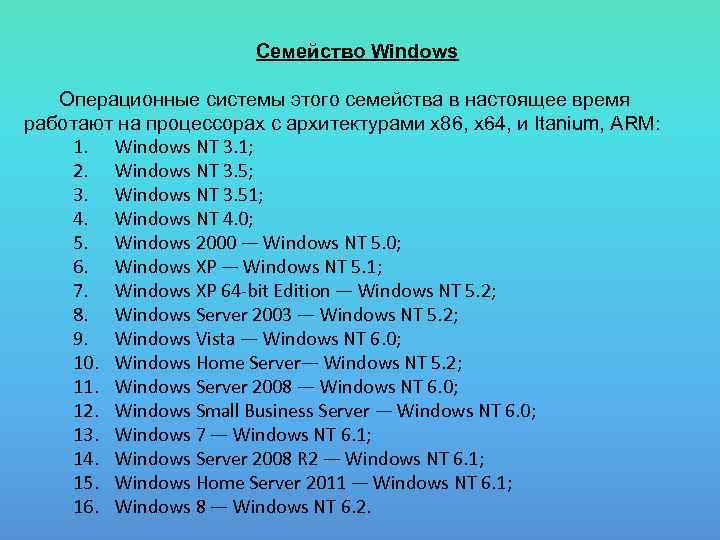 Семейство Windows Операционные системы этого семейства в настоящее время работают на процессорах с архитектурами