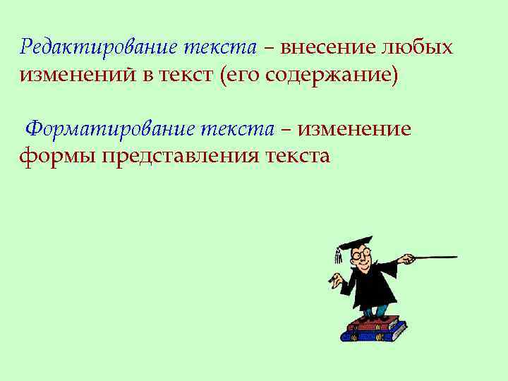 Редактирование текста – внесение любых изменений в текст (его содержание) Форматирование текста – изменение