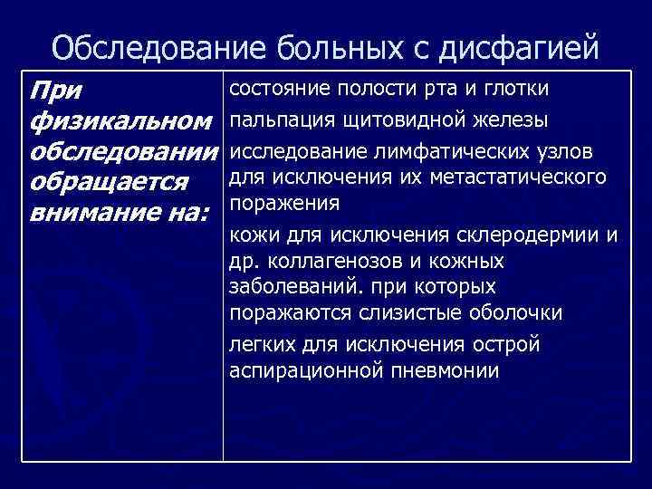Обследование больных с дисфагией При физикальном обследовании обращается внимание на: состояние полости рта и