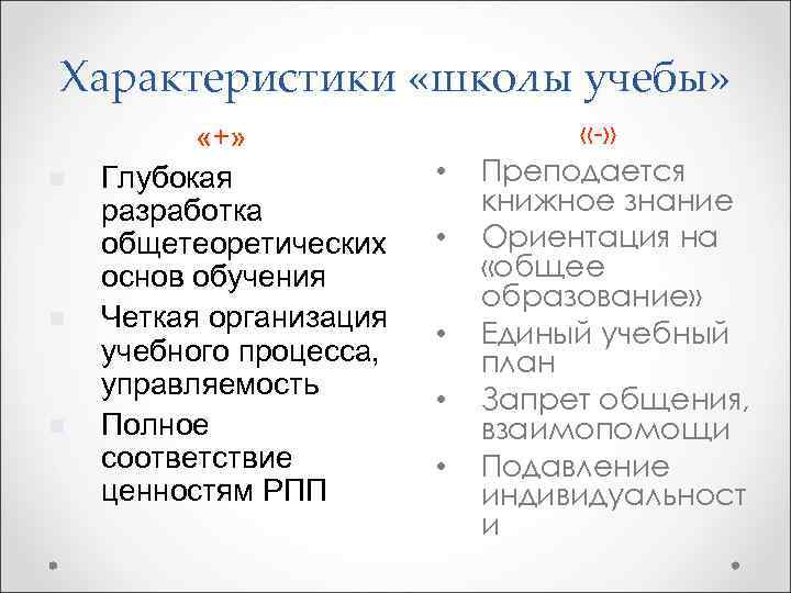 Характеристики «школы учебы» n n n «+» Глубокая разработка общетеоретических основ обучения Четкая организация