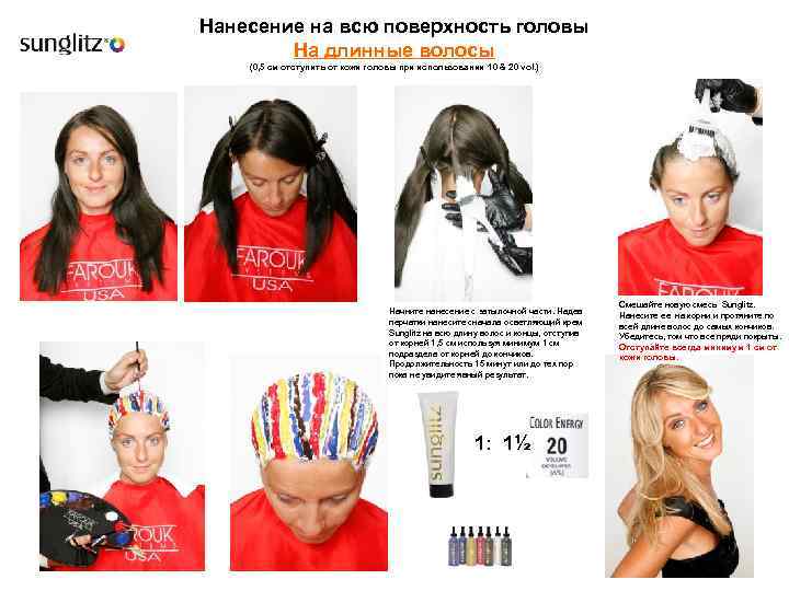 Нанесение на всю поверхность головы На длинные волосы (0, 5 см отступить от кожи