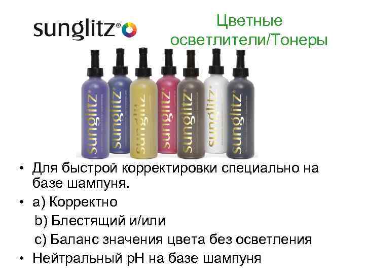 Цветные осветлители/Тонеры • Для быстрой корректировки специально на базе шампуня. • a) Корректно b)