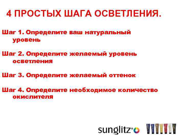 4 ПРОСТЫХ ШАГА ОСВЕТЛЕНИЯ. Шаг 1. Определите ваш натуральный уровень Шаг 2. Определите желаемый