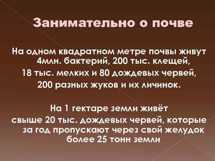 Занимательно о почве На одном квадратном метре почвы живут 4 млн. бактерий, 200 тыс.