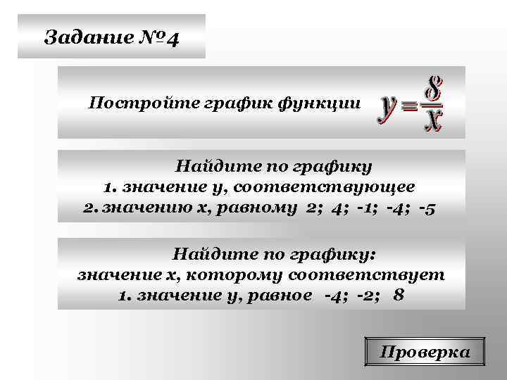 Задание № 4 Постройте график функции Найдите по графику 1. значение у, соответствующее 2.