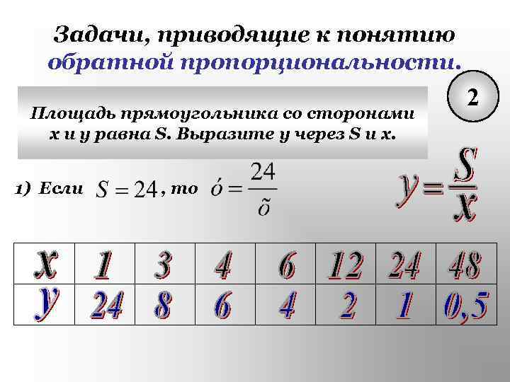 Задачи, приводящие к понятию обратной пропорциональности. Площадь прямоугольника со сторонами x и y равна