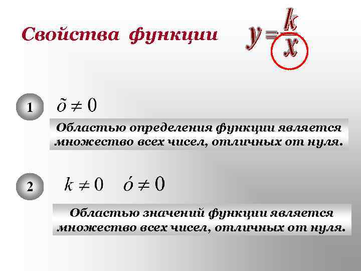 Свойства функции 1 Областью определения функции является множество всех чисел, отличных от нуля. 2