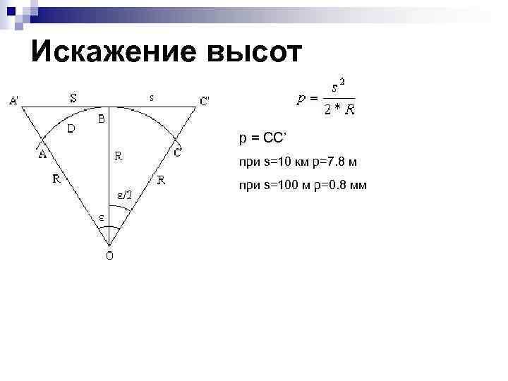 Искажение высот p = CC’ при s=10 км p=7. 8 м при s=100 м