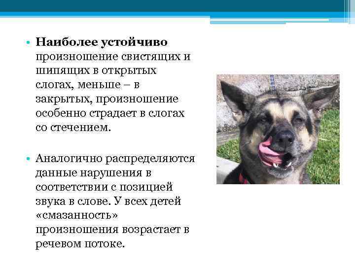  • Наиболее устойчиво произношение свистящих и шипящих в открытых слогах, меньше – в