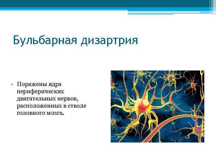 Бульбарная дизартрия • Поражены ядра периферических двигательных нервов, расположенных в стволе головного мозга. 