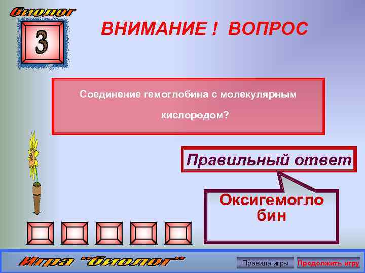 ВНИМАНИЕ ! ВОПРОС Соединение гемоглобина с молекулярным кислородом? Правильный ответ Оксигемогло бин Правила игры