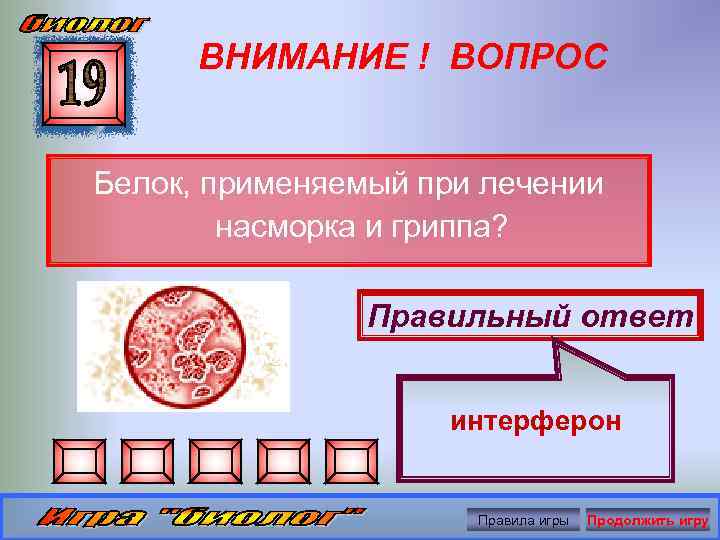 ВНИМАНИЕ ! ВОПРОС Белок, применяемый при лечении насморка и гриппа? Правильный ответ интерферон Правила