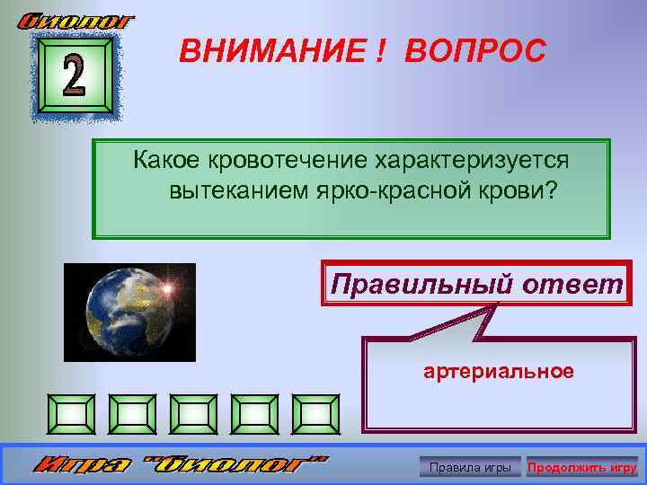 ВНИМАНИЕ ! ВОПРОС Какое кровотечение характеризуется вытеканием ярко-красной крови? Правильный ответ артериальное Правила игры