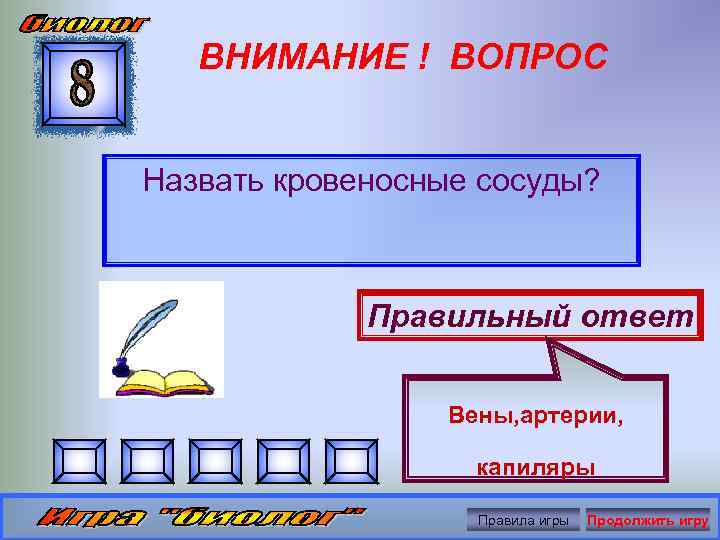 ВНИМАНИЕ ! ВОПРОС Назвать кровеносные сосуды? Правильный ответ Вены, артерии, капиляры Правила игры Продолжить
