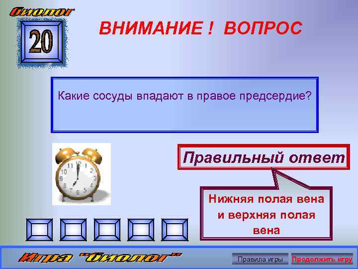ВНИМАНИЕ ! ВОПРОС Какие сосуды впадают в правое предсердие? Правильный ответ Нижняя полая вена