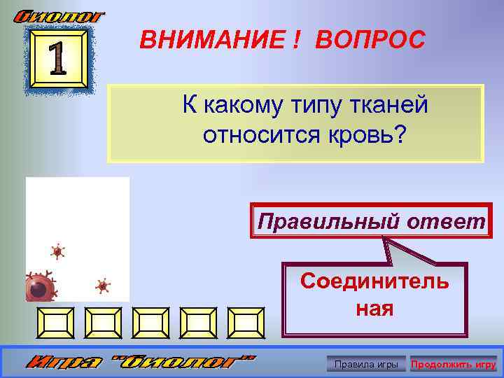 ВНИМАНИЕ ! ВОПРОС К какому типу тканей относится кровь? Правильный ответ Соединитель ная Правила