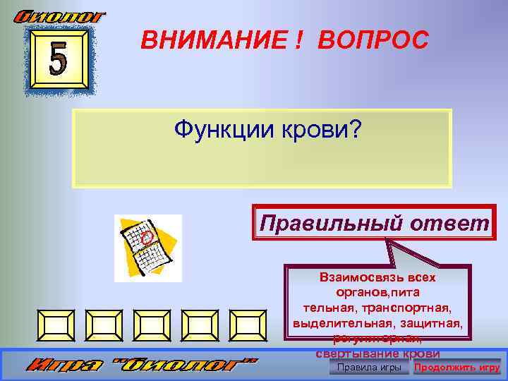 ВНИМАНИЕ ! ВОПРОС Функции крови? Правильный ответ Взаимосвязь всех органов, пита тельная, транспортная, выделительная,