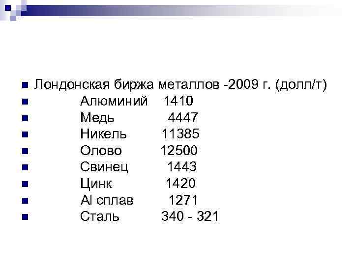 n n n n n Лондонская биржа металлов -2009 г. (долл/т) Алюминий 1410 Медь