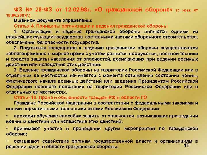 ФЗ № 28 -ФЗ от 12. 02. 98 г. «О гражданской обороне» (с изм.