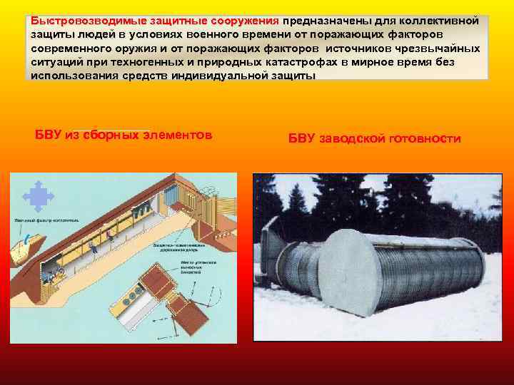 Быстровозводимые защитные сооружения предназначены для коллективной защиты людей в условиях военного времени от поражающих