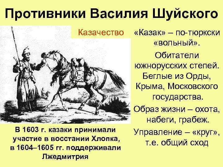 Противники Василия Шуйского Казачество В 1603 г. казаки принимали участие в восстании Хлопка, в