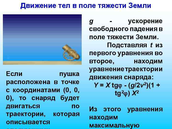 Движение тел в поле тяжести Земли Если пушка расположена в точке с координатами (0,